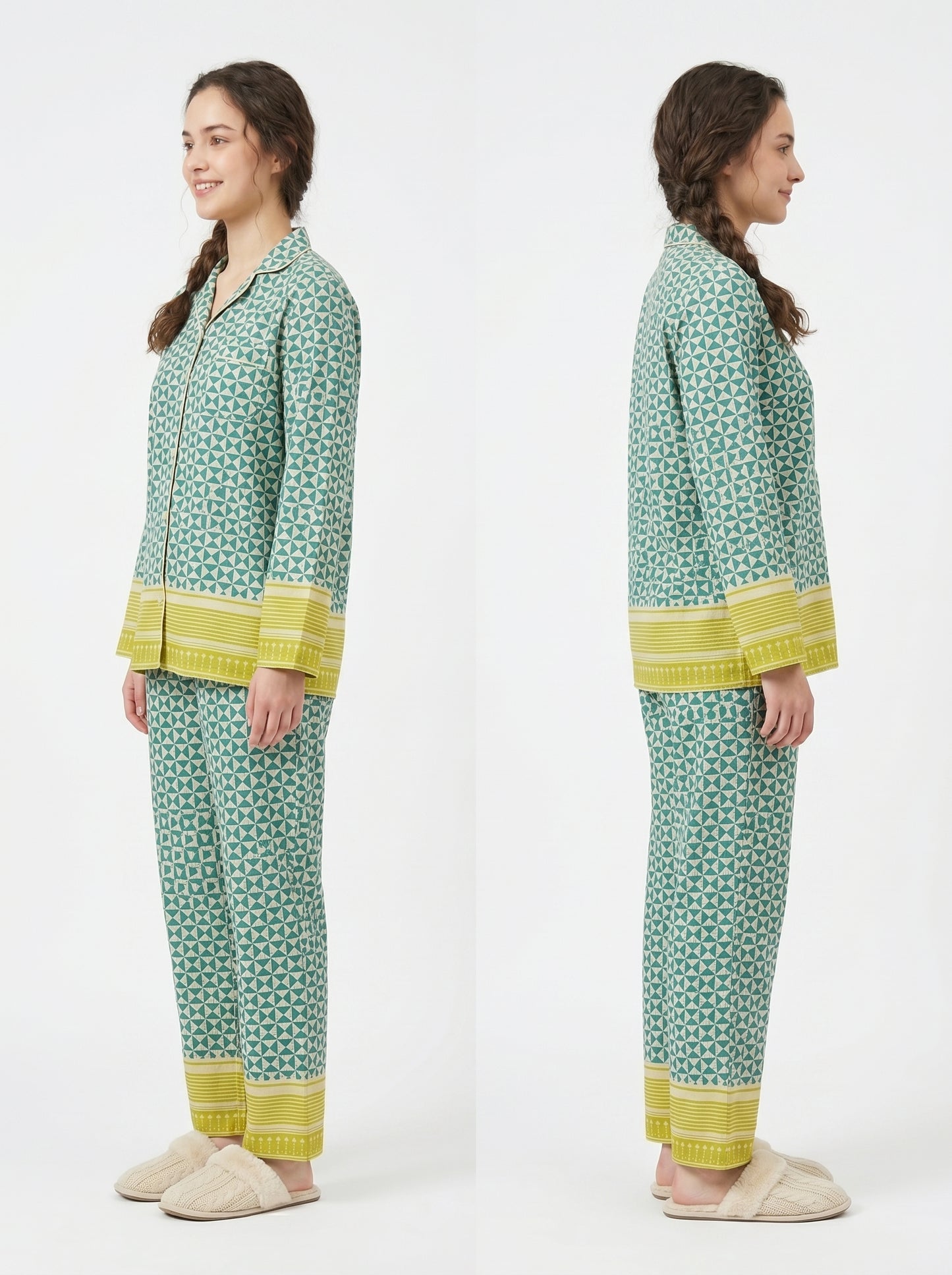 Women’s Mint Green Small Checks Print Cotton Night Suit Set – Cute Two Piece Pajama Set