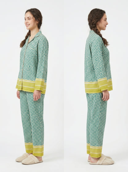 Women’s Mint Green Small Checks Print Cotton Night Suit Set – Cute Two Piece Pajama Set