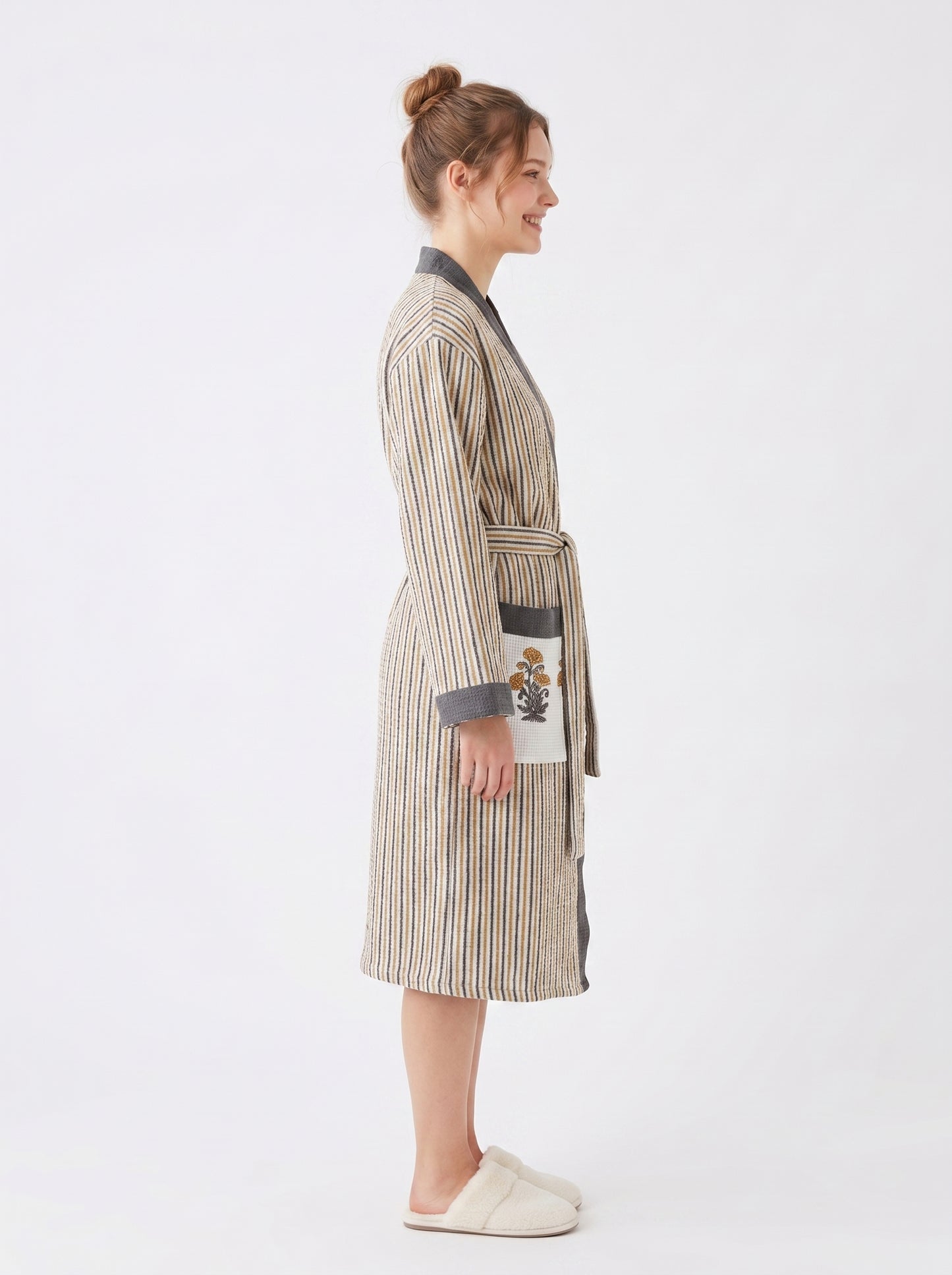 Sunshine Yellow Floral Striped Handblock Cotton Waffle Bathrobe –Luxury Spa Robe