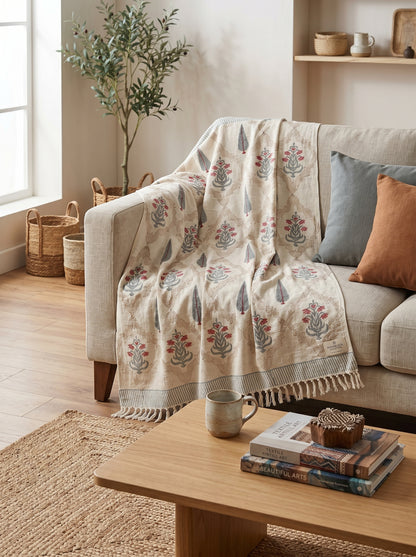Rustic Blossom Handblock Sofa Throw