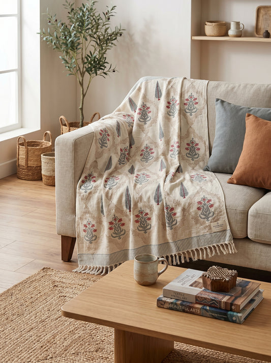 Rustic Blossom Handblock Sofa Throw