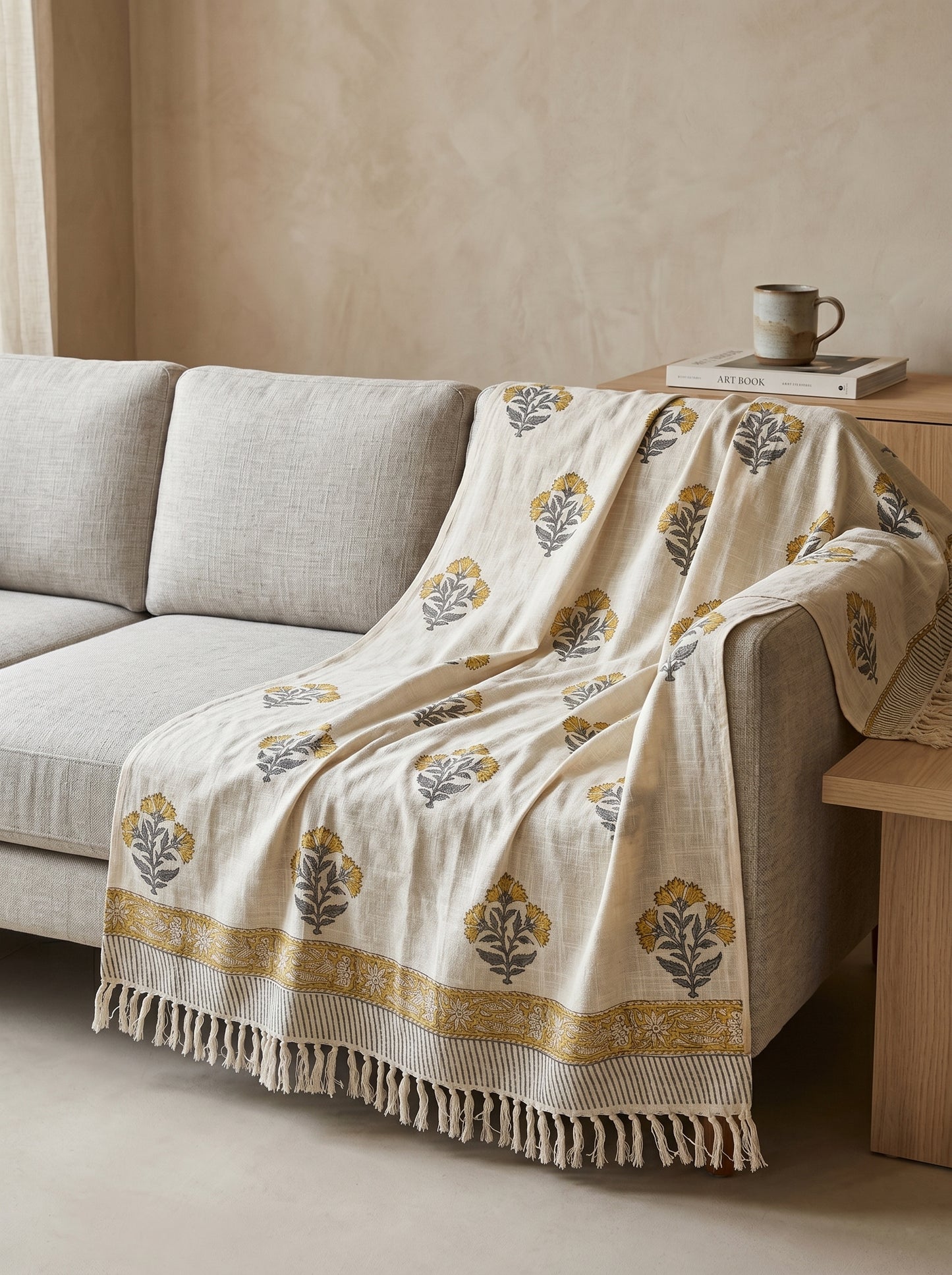 Golden Bloom Handblock Sofa Throw