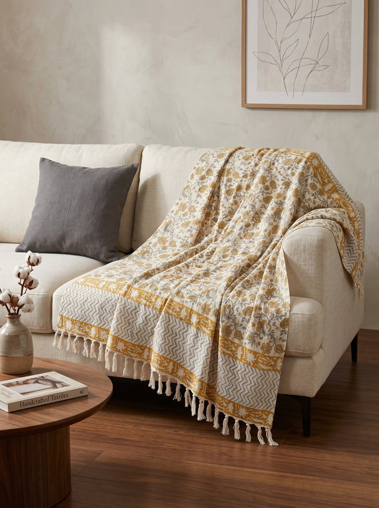 Golden Meadow Handblock Sofa Throw