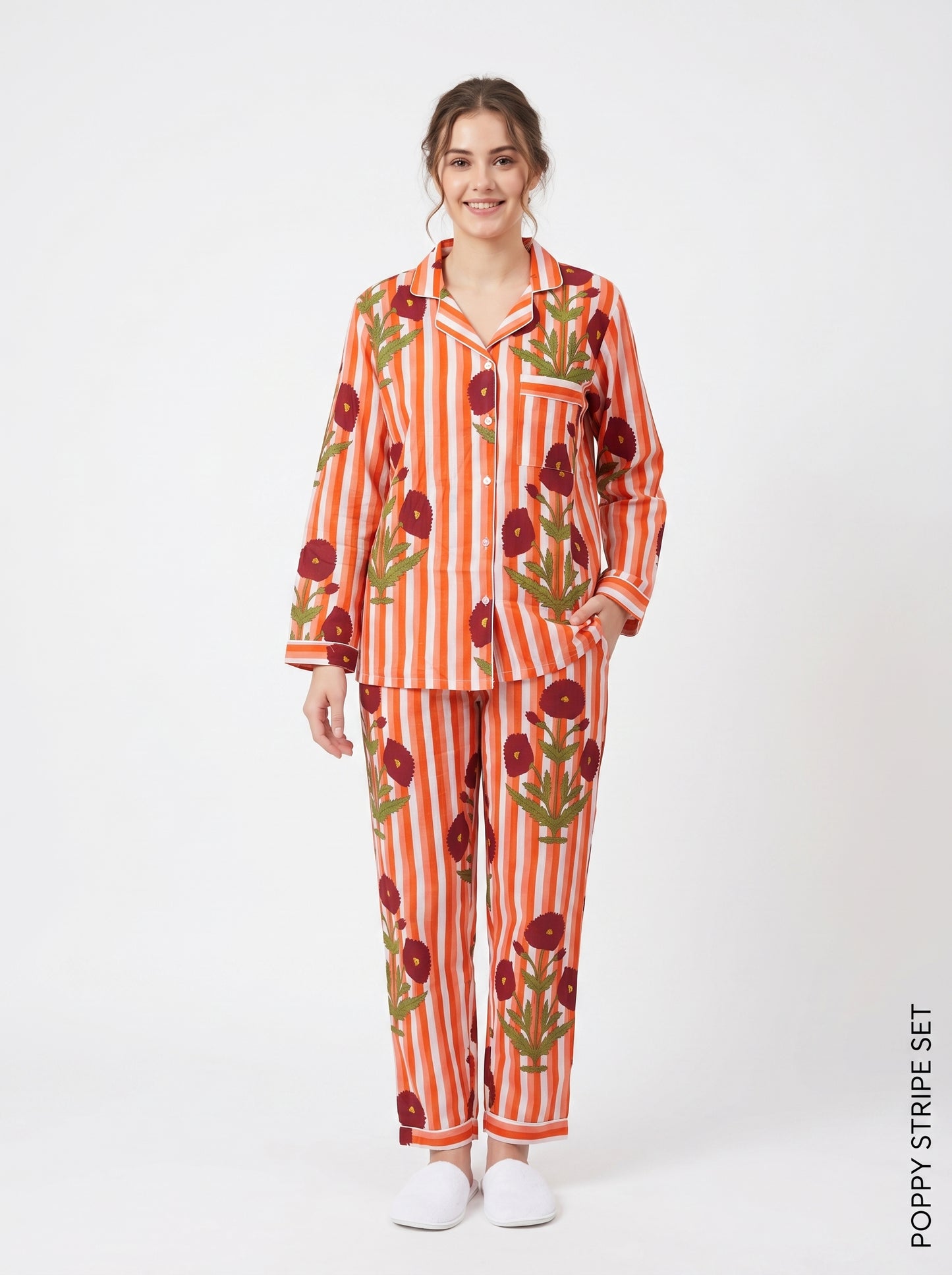 Orange Petal Dreams Print Cotton Night Suit Set – Elegant Two Piece Pajama Set