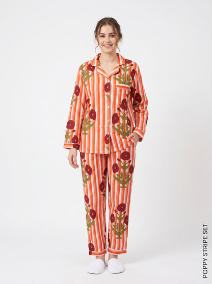 Orange Petal Dreams Print Cotton Night Suit Set – Elegant Two Piece Pajama Set
