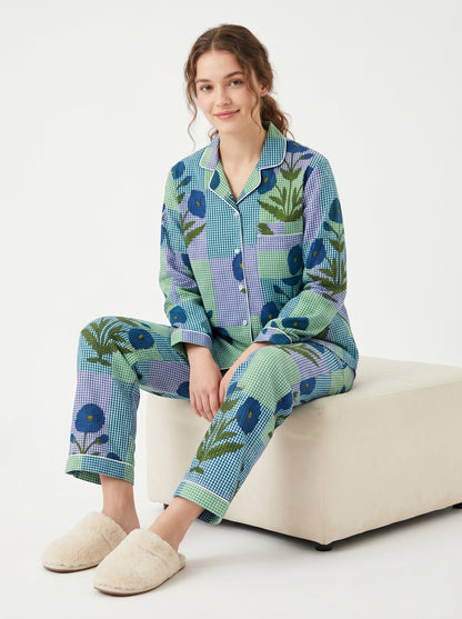 Women’s Blue Garden Checks Print Cotton Night Suit Set – Cute Two Piece Pajama Set