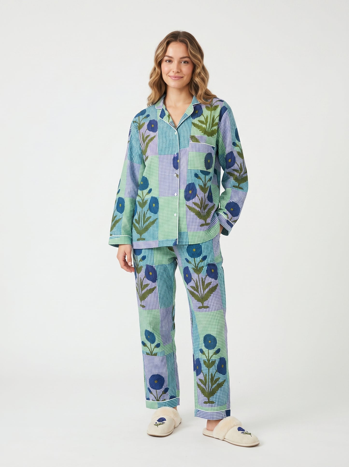 Women’s Blue Garden Checks Print Cotton Night Suit Set – Cute Two Piece Pajama Set