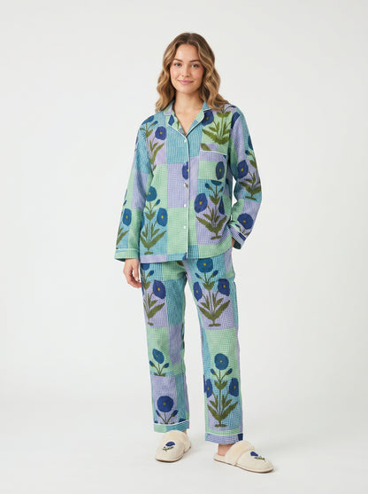 Women’s Blue Garden Checks Print Cotton Night Suit Set – Cute Two Piece Pajama Set
