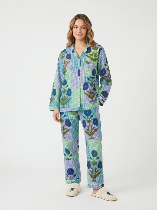 Women’s Blue Garden Checks Print Cotton Night Suit Set – Cute Two Piece Pajama Set