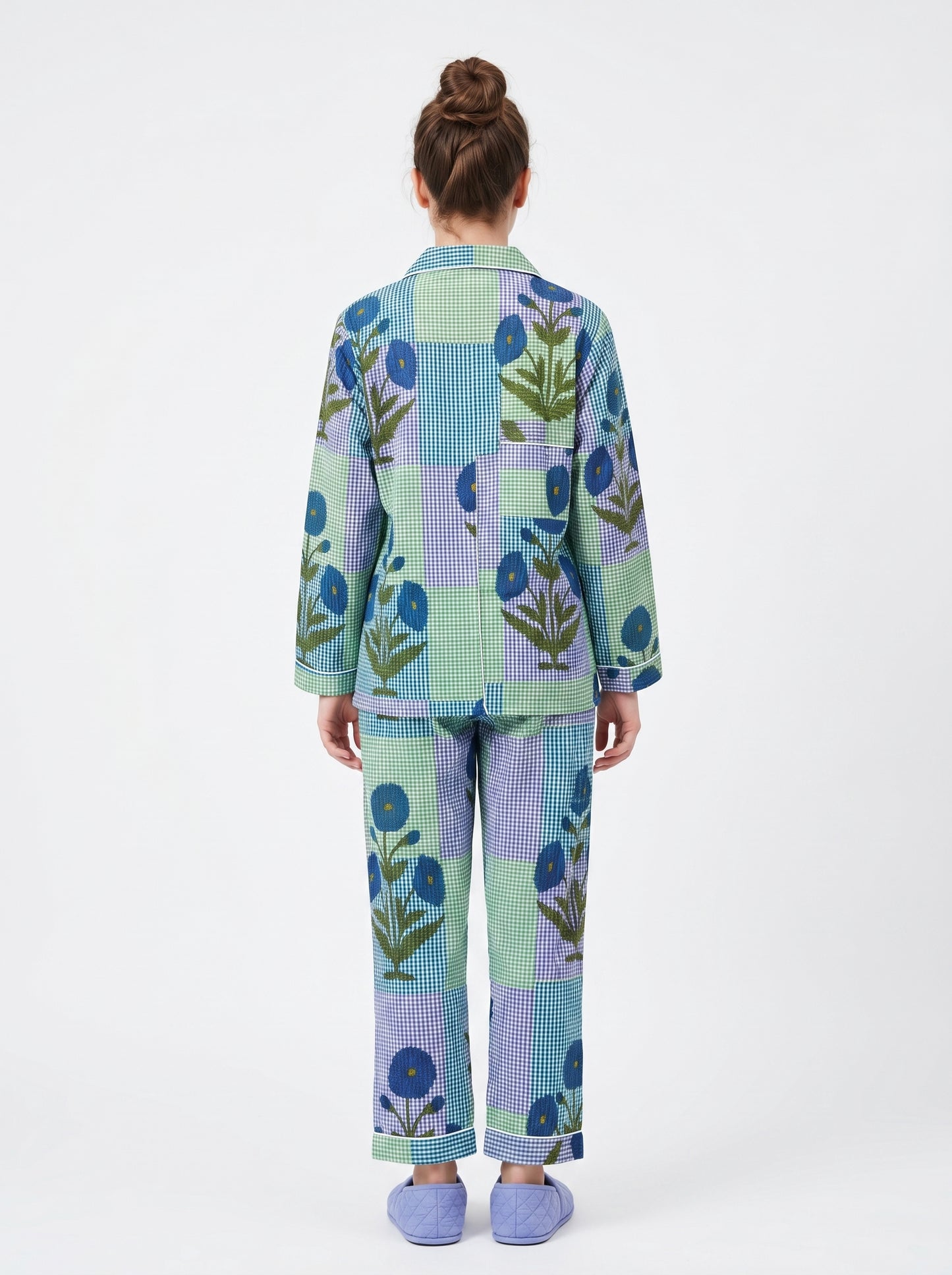 Women’s Blue Garden Checks Print Cotton Night Suit Set – Cute Two Piece Pajama Set