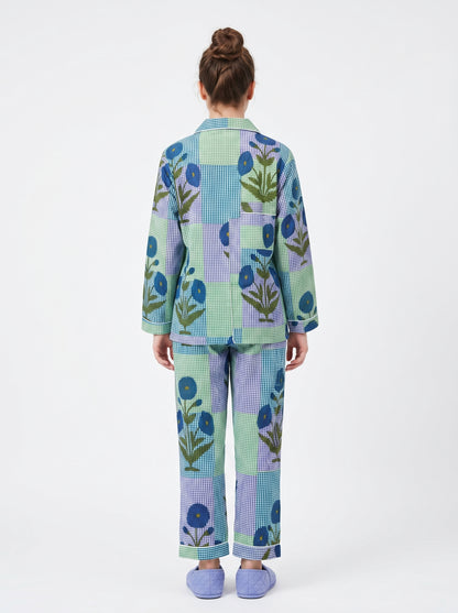 Women’s Blue Garden Checks Print Cotton Night Suit Set – Cute Two Piece Pajama Set