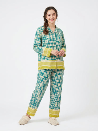 Women’s Mint Green Small Checks Print Cotton Night Suit Set – Cute Two Piece Pajama Set