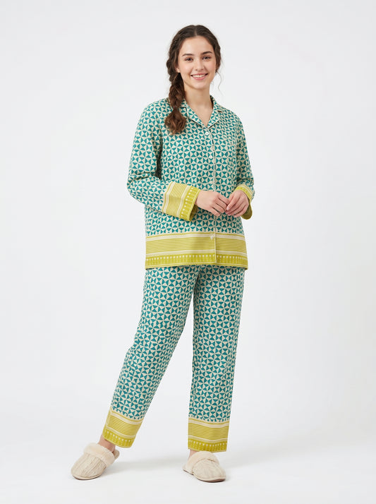 Women’s Mint Green Small Checks Print Cotton Night Suit Set – Cute Two Piece Pajama Set
