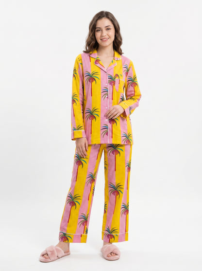 Women’s Yellow Pink Palm Breeze Stripes Cotton Night Suit Set – Cute Two Piece Pajama Set