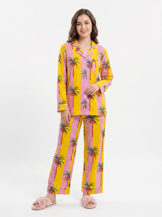 Women’s Yellow Pink Palm Breeze Stripes Cotton Night Suit Set – Cute Two Piece Pajama Set