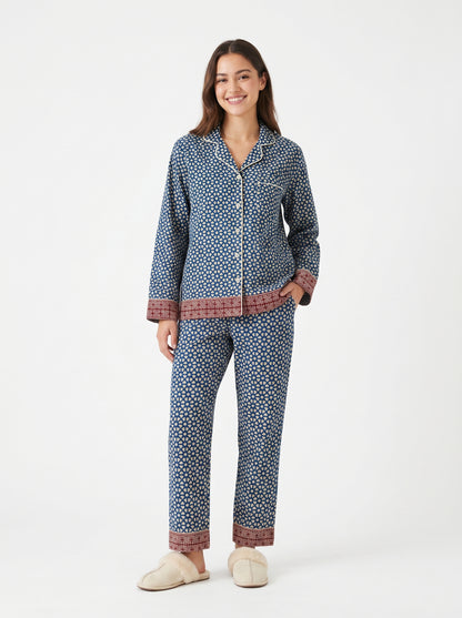 Women’s Navy Blue Garden Nights Cotton Night Suit Set – Elegant Two Piece Pajama Set