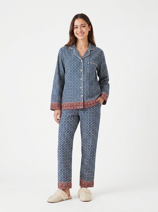 Women’s Navy Blue Garden Nights Cotton Night Suit Set – Elegant Two Piece Pajama Set