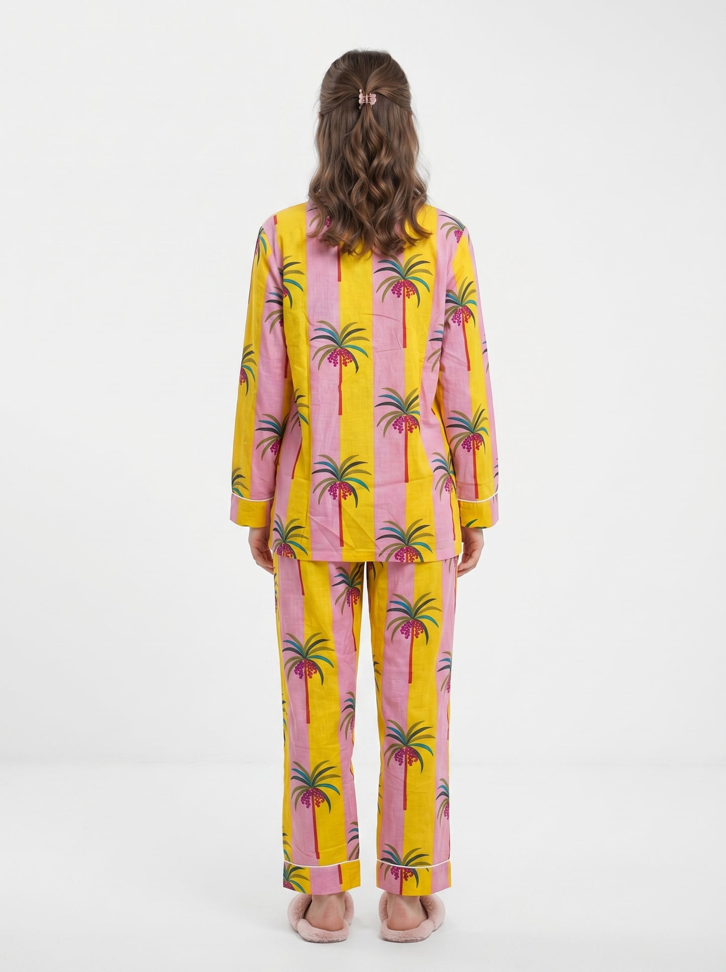 Women’s Yellow Pink Palm Breeze Stripes Cotton Night Suit Set – Cute Two Piece Pajama Set