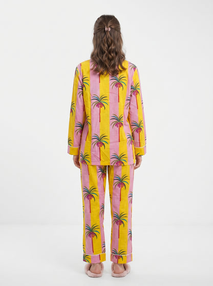 Women’s Yellow Pink Palm Breeze Stripes Cotton Night Suit Set – Cute Two Piece Pajama Set