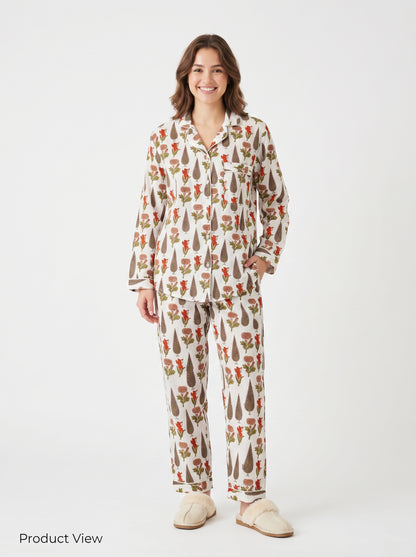 Women’s White Garden Whispers Print Cotton Night Suit Set – Cute Two Piece Pajama Set