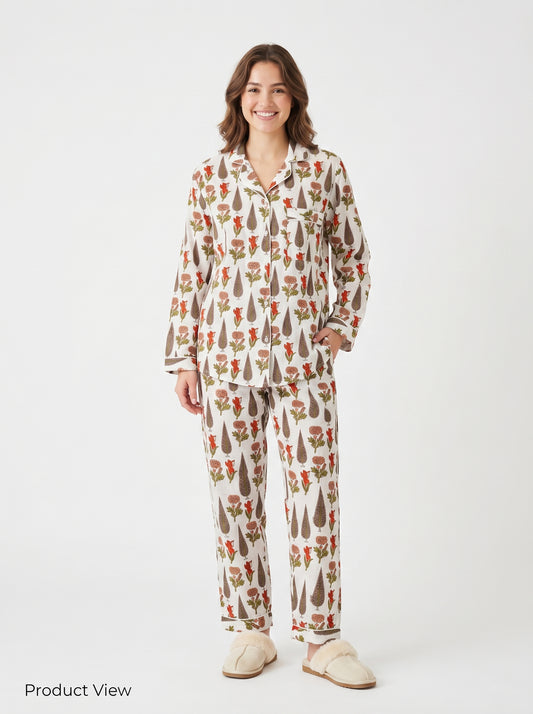 Women’s White Garden Whispers Print Cotton Night Suit Set – Cute Two Piece Pajama Set
