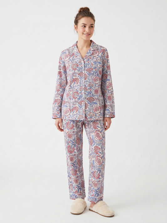 Women's White Mini Floral Cotton Night Suit Set – Elegant Two Piece Pajama Set