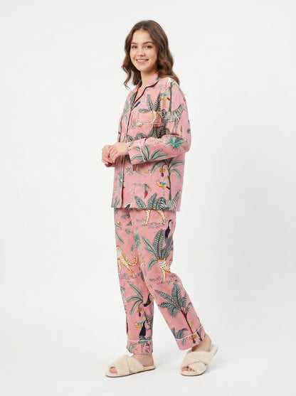 Women's Rosewood Pink Safari Cotton Night Suit Set – Elegant Two Piece Pajama Set