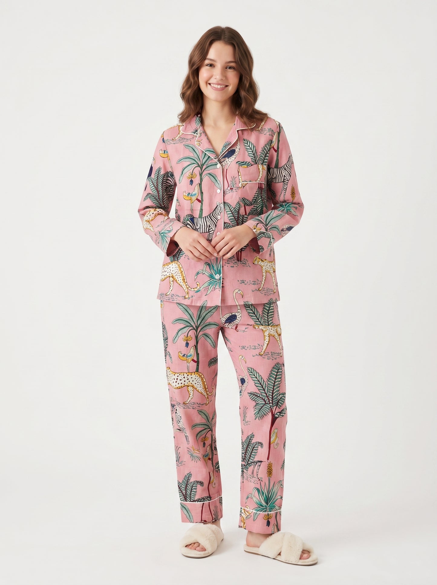 Women's Rosewood Pink Safari Cotton Night Suit Set – Elegant Two Piece Pajama Set