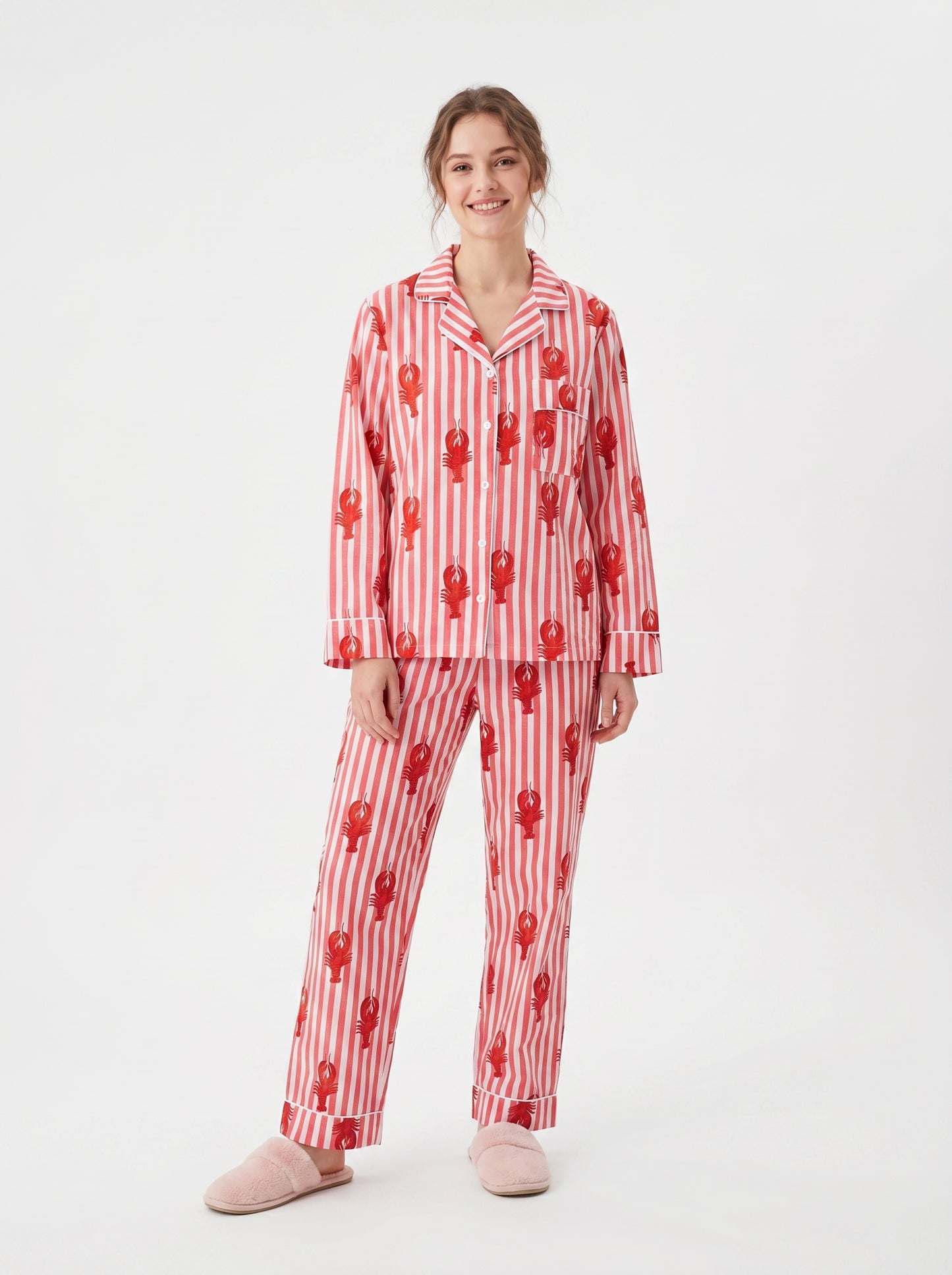Women’s Orange White Striped Lobster Print Cotton Night Suit Set– Cute Two Piece Pajama Set
