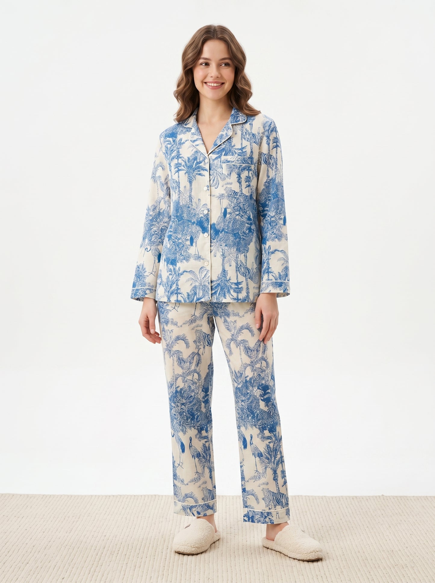 Women’s White Blue Jungle Print Cotton Night Suit Set - – Elegant Two Piece Pajama Set