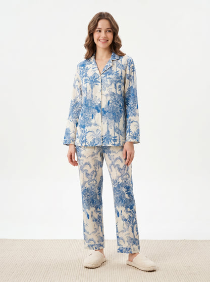 Women’s White Blue Jungle Print Cotton Night Suit Set - – Elegant Two Piece Pajama Set