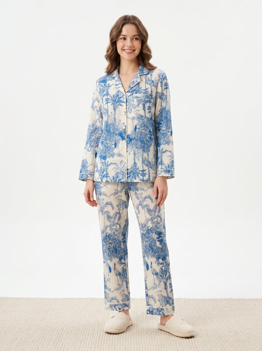 Women’s White Blue Jungle Print Cotton Night Suit Set - – Elegant Two Piece Pajama Set