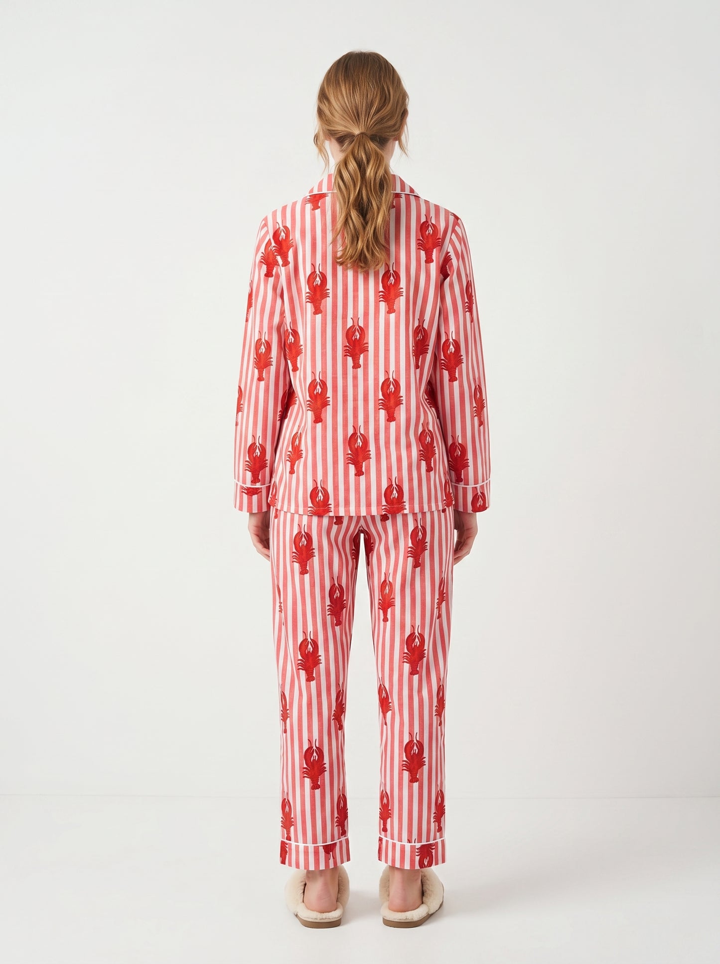 Women’s Orange White Striped Lobster Print Cotton Night Suit Set– Cute Two Piece Pajama Set