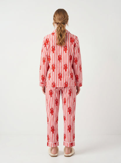 Women’s Orange White Striped Lobster Print Cotton Night Suit Set– Cute Two Piece Pajama Set