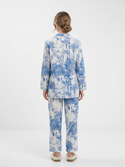 Women’s White Blue Jungle Print Cotton Night Suit Set - – Elegant Two Piece Pajama Set