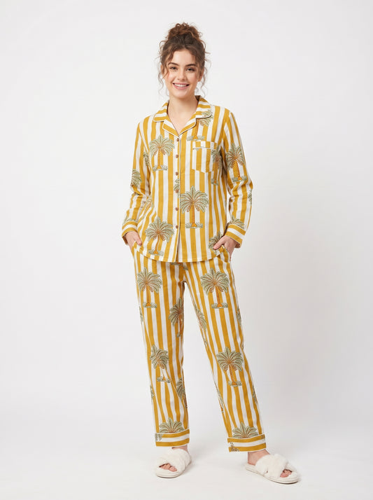 Women’s Yellow White Striped Palm Print Cotton Night Suit Set – Elegant Two Piece Pajama Set
