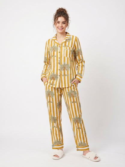 Women’s Yellow White Striped Palm Print Cotton Night Suit Set – Elegant Two Piece Pajama Set