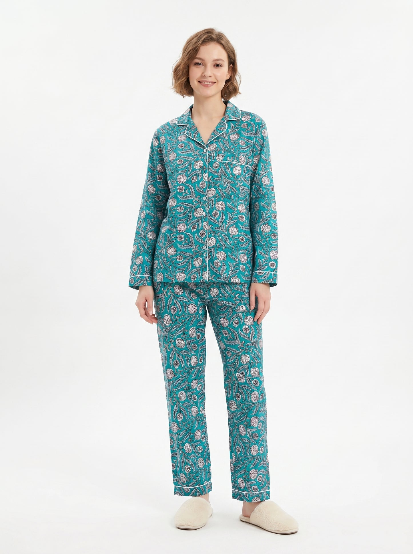 Women’s Teal Blue Floral Cotton Night Suit Set – Elegant Two Piece Pajama Set