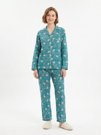 Women’s Teal Blue Floral Cotton Night Suit Set – Elegant Two Piece Pajama Set