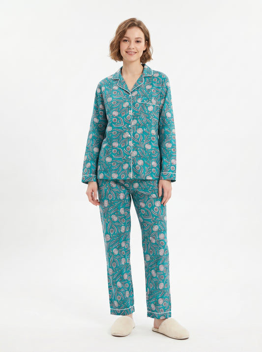 Women’s Teal Blue Floral Cotton Night Suit Set – Elegant Two Piece Pajama Set