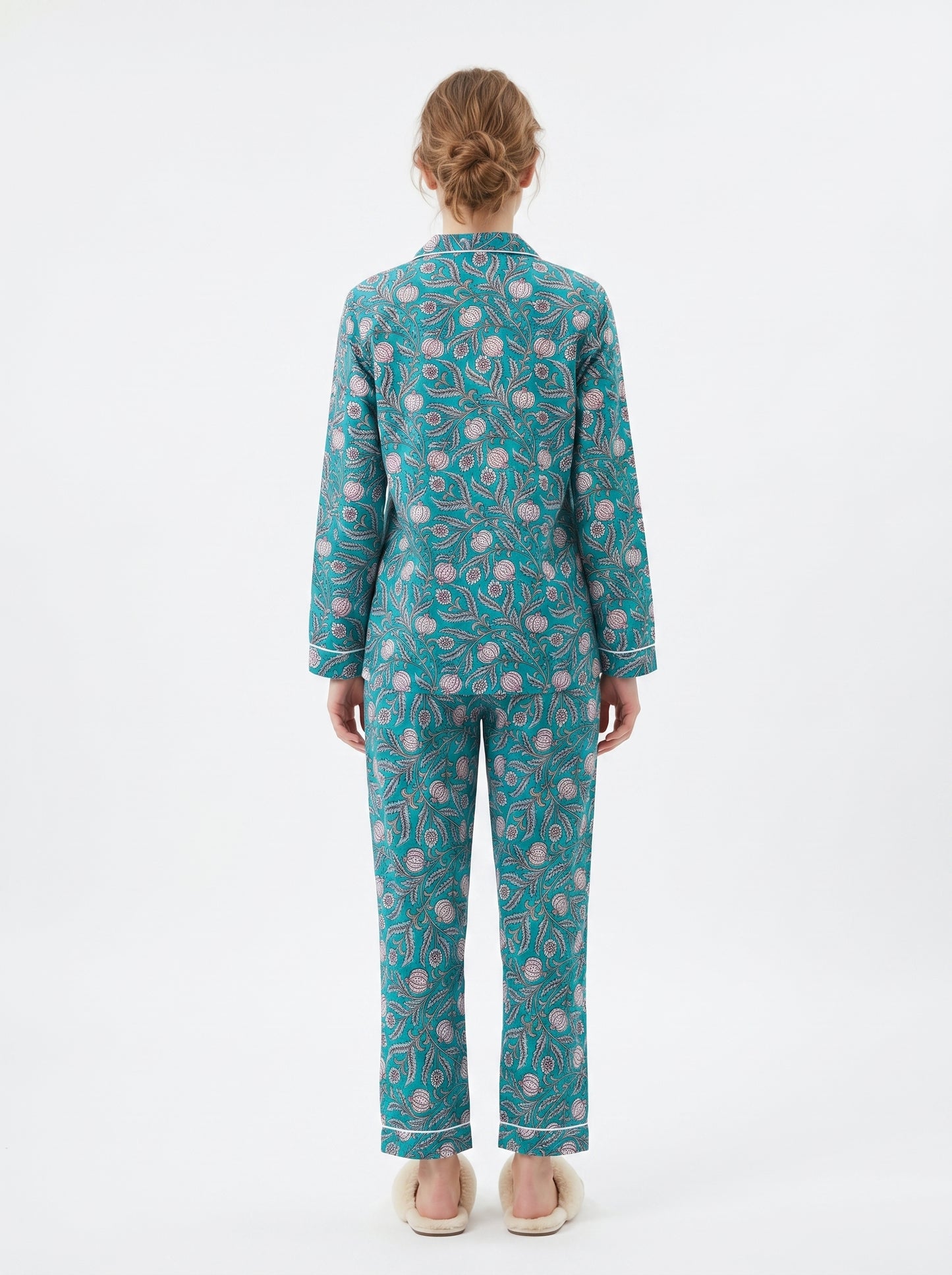 Women’s Teal Blue Floral Cotton Night Suit Set – Elegant Two Piece Pajama Set