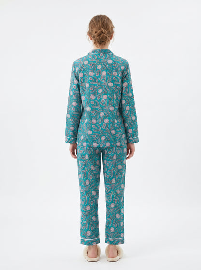 Women’s Teal Blue Floral Cotton Night Suit Set – Elegant Two Piece Pajama Set