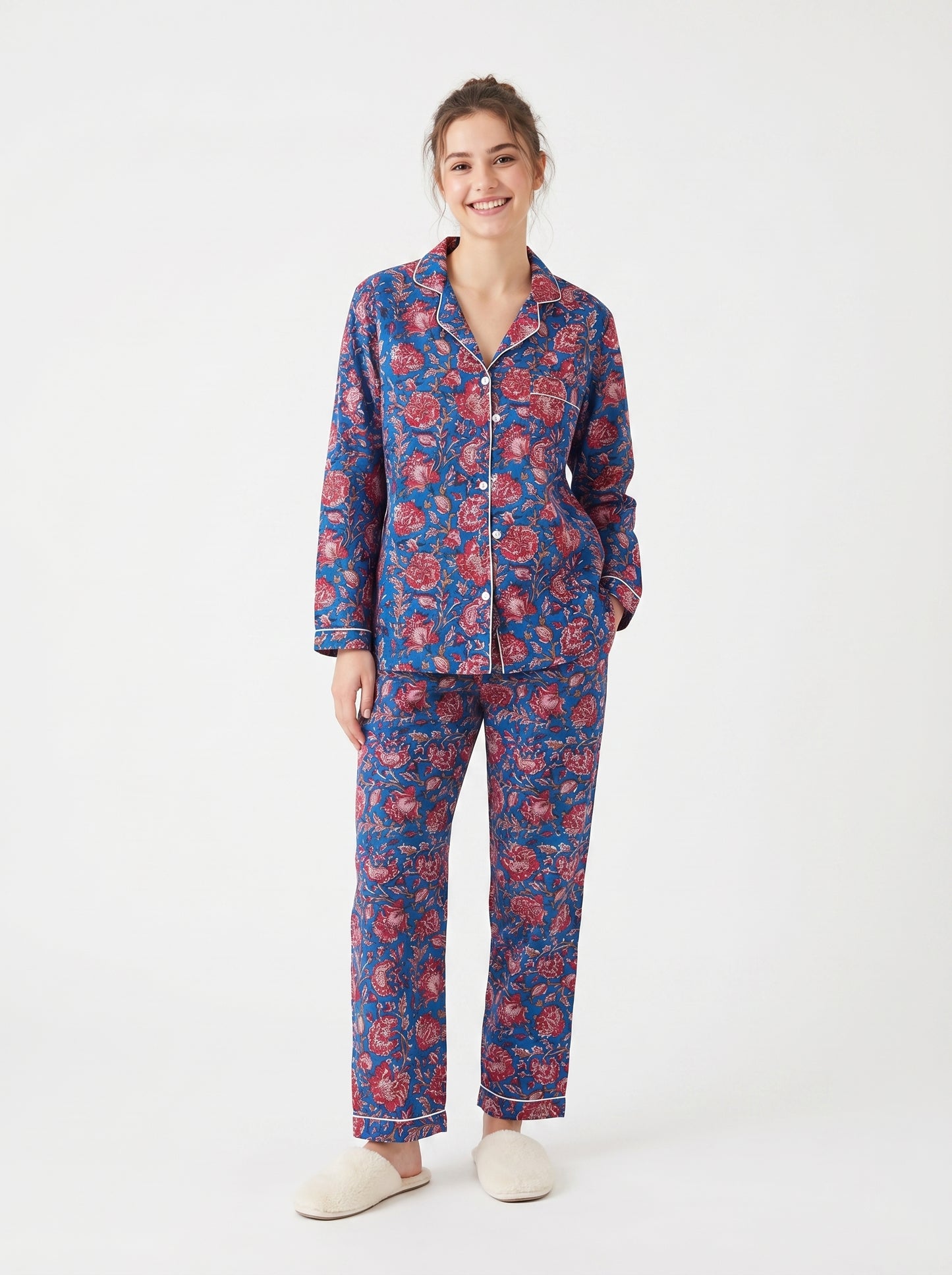 Women’s Crimson Blue Petals Cotton Night Suit Set – Elegant Two Piece Pajama Set