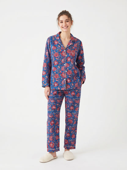 Women’s Crimson Blue Petals Cotton Night Suit Set – Elegant Two Piece Pajama Set