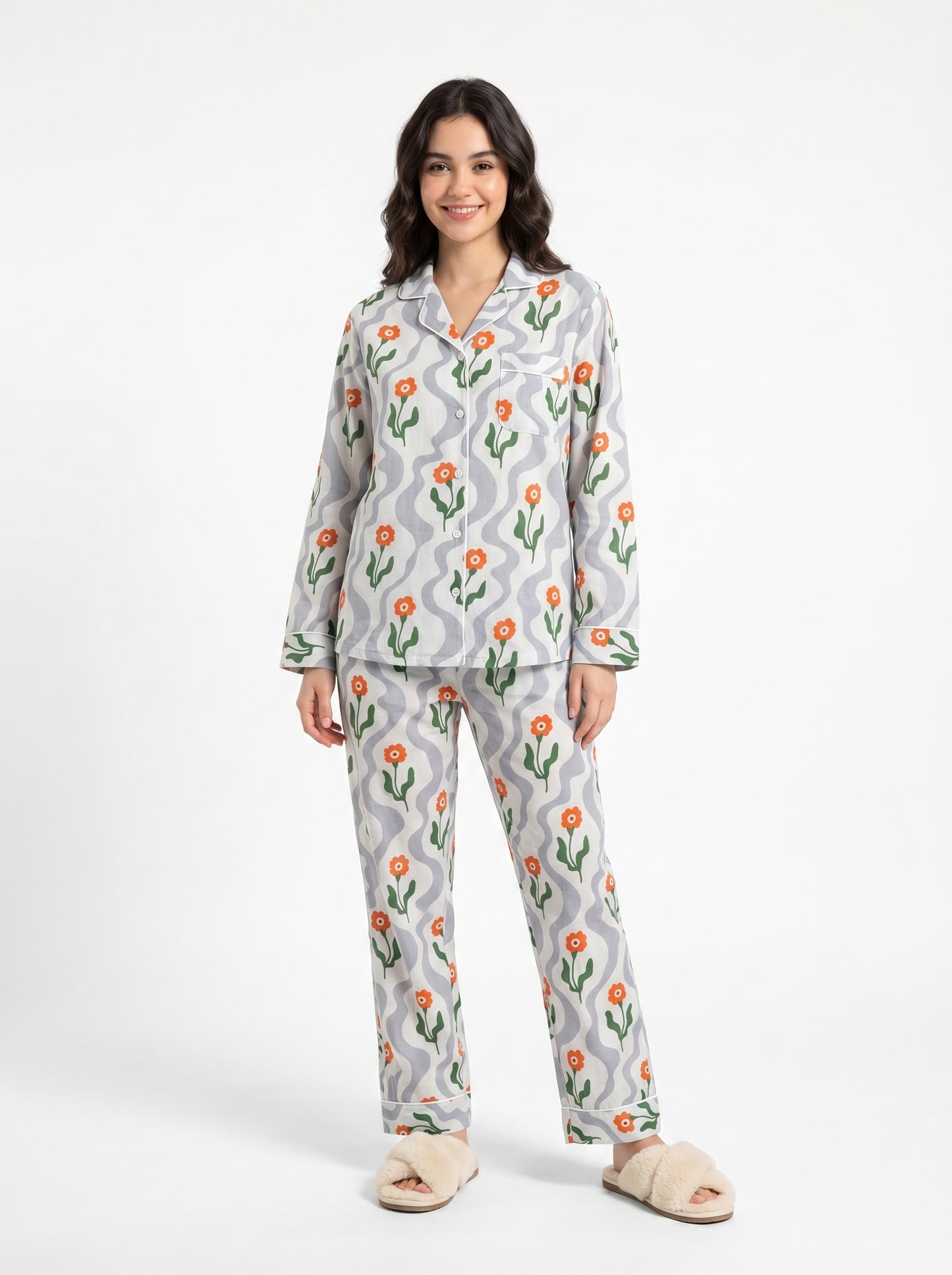 Women’s Orange Citrus Bloom Cotton Night Suit Set – Elegant Two Piece Pajama Set