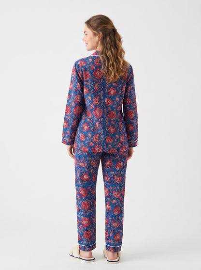 Women’s Crimson Blue Petals Cotton Night Suit Set – Elegant Two Piece Pajama Set