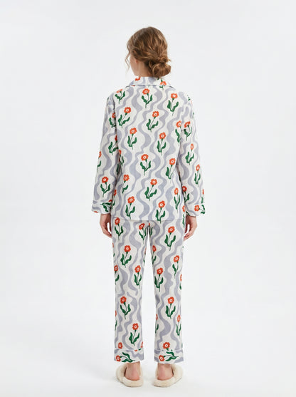 Women’s Orange Citrus Bloom Cotton Night Suit Set – Elegant Two Piece Pajama Set