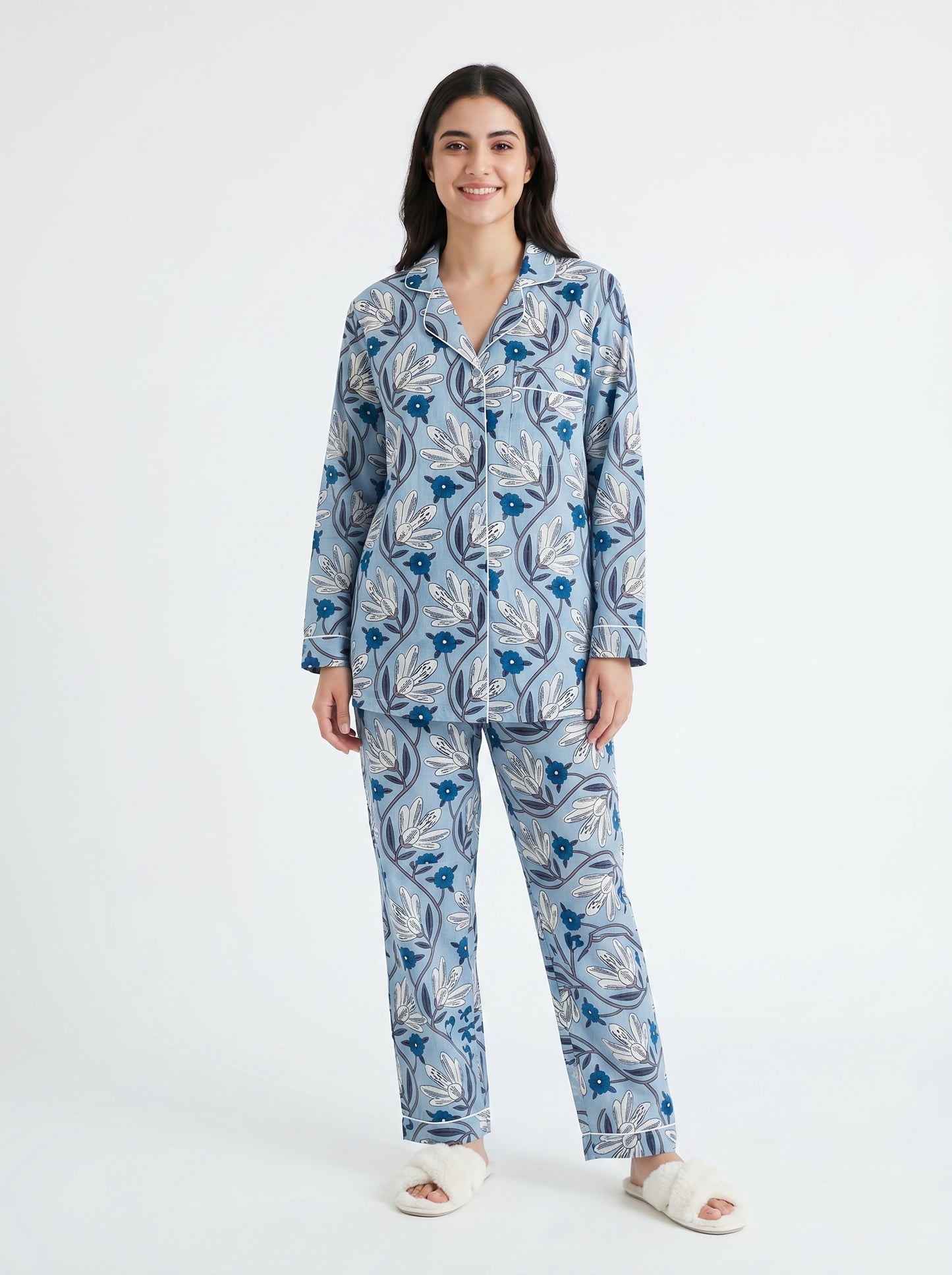 Women’s Little Blue Blooms Print Cotton Night Suit Set – Cute Two Piece Pajama Set