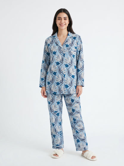 Women’s Little Blue Blooms Print Cotton Night Suit Set – Cute Two Piece Pajama Set