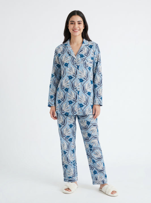 Women’s Little Blue Blooms Print Cotton Night Suit Set – Cute Two Piece Pajama Set